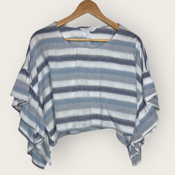 BCBGeneration Striped Crop Top | XXS | Blue White Flutter Sleeve Cotton Gauze - Picture 8 of 8